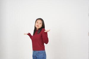 Young Asian woman in Red t-shirt Confused I don't know gesture isolated on white background photo