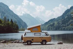 AI Generated A motor vehicle parked by the water, with mountains and clouds in the background photo