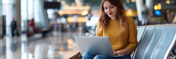 AI Generated A woman sitting on a bench at an airport using a laptop computer photo
