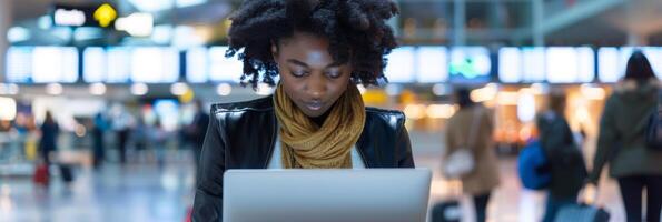 AI Generated A woman is using a laptop at the airport while waiting for her flight photo