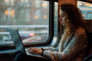 AI Generated Passenger using laptop on public transport, enjoying the window view photo