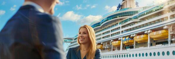 AI generated Man and woman chat by ship, Water sparkles under Sky. Leisure and Fun ahead photo