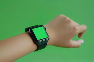 AI generated Woman with a green screen watch on her wrist, a stylish gadget photo