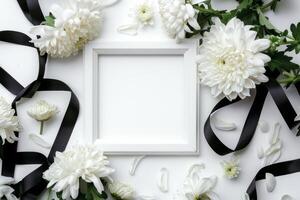 AI generated A rectangle frame adorned with white flowers and black ribbons photo