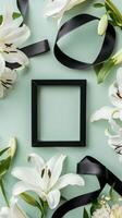 AI generated White flowers and black ribbons adorn a picture frame in an elegant display photo