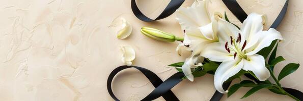AI generated A flower with a black ribbon on a table, adding elegance to the setting photo