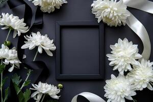 AI generated Black frame with white flowers, black ribbons, on black background photo