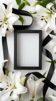 ai generado blanco lirios y negro cintas adornar un imagen marco en un moderno interior diseño foto