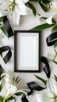 AI generated White flowers and black ribbons adorn a picture frame photo