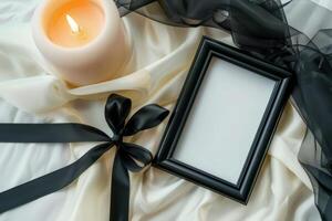 AI generated Table adorned with a picture frame and candle, creating a stylish centerpiece photo