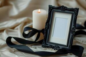 AI generated Table with a candle and picture frame for still life photography photo
