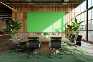 AI generated Conference room with green screen fixture on wall, perfect for events photo