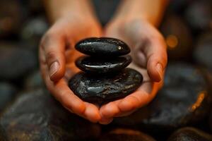 AI generated Person holding stack of rocks in their hands, fingers covered in soil and flesh photo