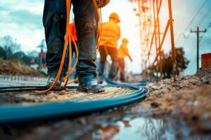 AI generated Construction workers on city road laying asphalt in morning photo