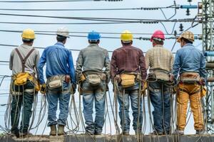 AI generated Engineer in workwear and hard hat on vehicle with tradesman standing on asphalt photo