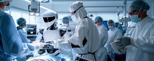 AI generated Surgeons and a robot perform surgery in an operating room photo