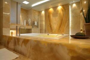 AI generated House with a tub, plant on the countertop, and wood flooring photo