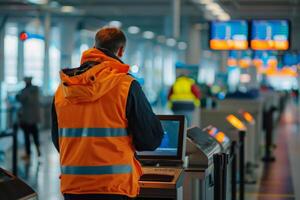 AI generated An orangevested man works at an airport computer in a citys metropolitan area photo