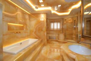 AI generated A building with a tub, sink, and mirror for leisure and relaxation photo
