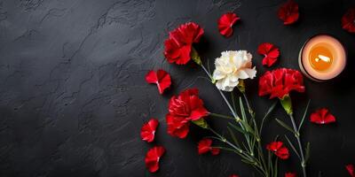 AI generated Red and white carnations with a candle on a dark background photo