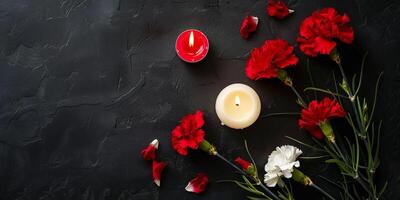 AI generated Red and white carnations with candles on a dark backdrop photo