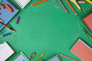 AI generated School supplies arranged in a circle on green baize photo