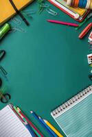 AI generated A plethora of school supplies is displayed on the azure baize rectangle table photo