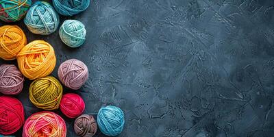 AI generated A variety of colorful yarn balls sit on the table photo