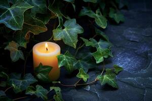 AI generated A lit candle emits flickering flame among ivy and leaves photo