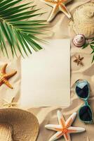 AI generated Paper surrounded by seashells, starfish, sunglasses, and hat on the beach photo