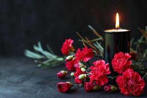 AI generated Red flowers encircle a black candle on a dark backdrop photo