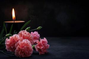 AI generated A pink carnation and lit candle contrast on a dark backdrop photo