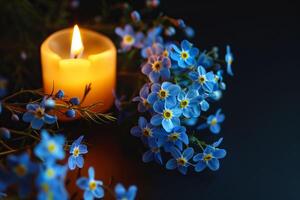 AI generated Flame from candle illuminates blue flowers next to it photo