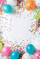 AI generated A circle of colorful balloons and confetti on a white background photo