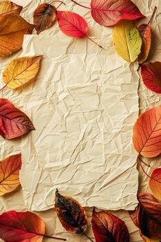 AI generated Brown and orange autumn leaves encircle a crumpled paper photo