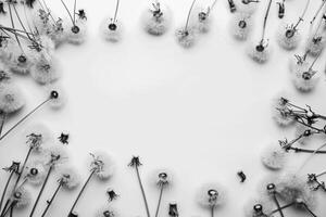 AI generated Monochrome photograph of dandelions in a circular pattern on a white background. Copy Space photo