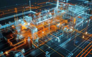 AI generated a computer generated image of a factory with a lot of pipes and wires photo