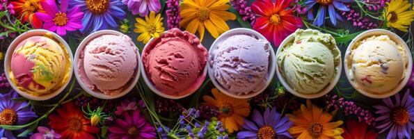 AI generated Various ice cream flavors in cups with plantbased ingredients in magenta photo