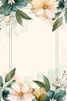 AI generated Floral frame with flowers and leaves on a white background. Copy Space photo