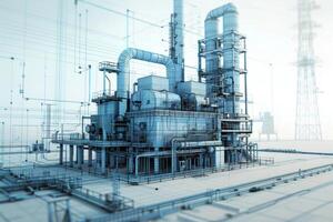 AI generated An engineering building with numerous metal pipes releasing gas in a city photo