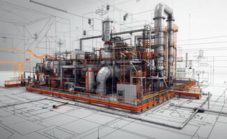 AI generated 3D rendering of urban factory with intricate piping system photo