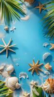 AI generated Water, Sky, Light, Azure, Nature. Seashells and starfish on blue sand. Copy Space photo