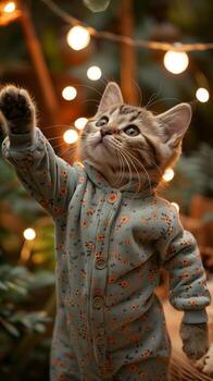 AI generated Felidae cat in pajamas reaching for lights, cute gesture photo