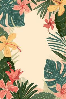 AI generated Green and white tropical plant and flower pattern on a textile background. Copy Space photo
