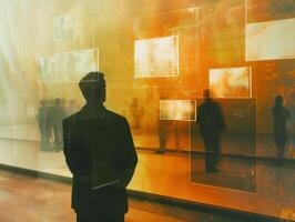 AI generated A man in a suit stands in front of an artfilled wall photo