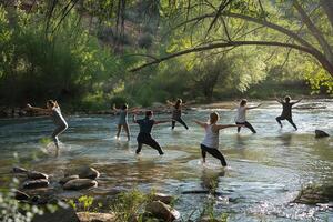 AI generated Group doing yoga in the river, surrounded by nature and trees photo