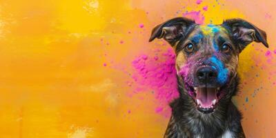 AI generated Canidae dog breed covered in magenta paint on yellow background photo