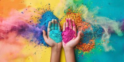 AI generated Azureyellow powders in hand, a happy gesture towards art in nature photo