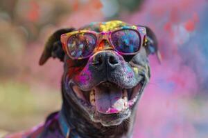 AI generated Closeup of Fawn Carnivore Dog in colored powder wearing sunglasses photo