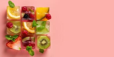 ai generado Fruta y baya hielo cubitos en rosado antecedentes para un vistoso dedo comida receta. Copiar espacio foto